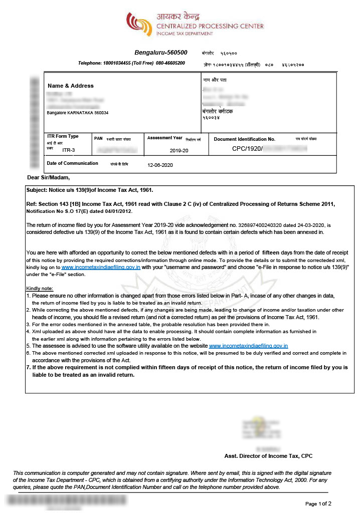Income Tax Department notice under Section 139(9) of the Income-tax Act, 1961 for Assessment Year 2019-20. Highlights defective return details, instructions for corrections via the e-Filing portal, and a 15-day deadline for compliance.